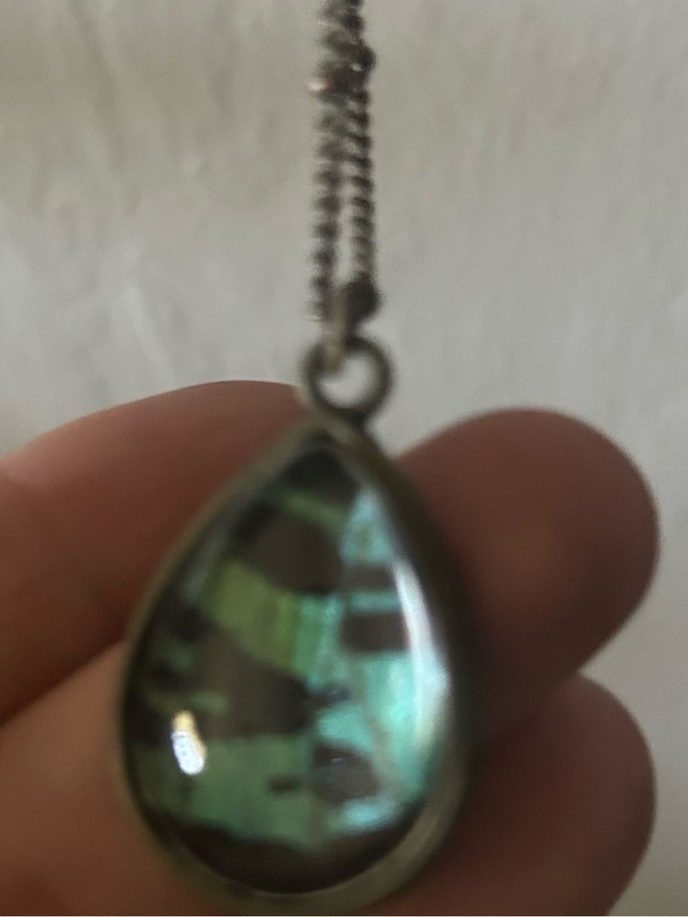 Green Teardrop Pendant Necklace - Actual Butterfly Wing,Women Jewelry- silver
